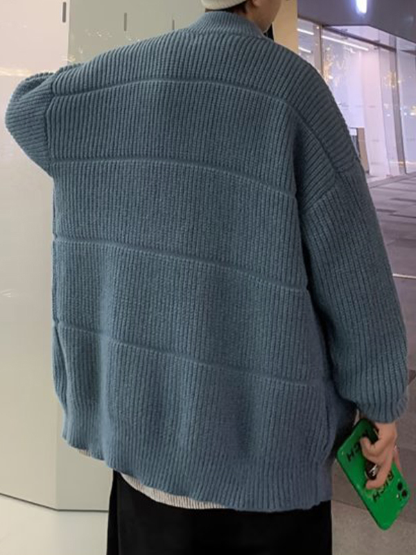 Men's Solid Color Ribbed Knit Cardigan Sweater-2