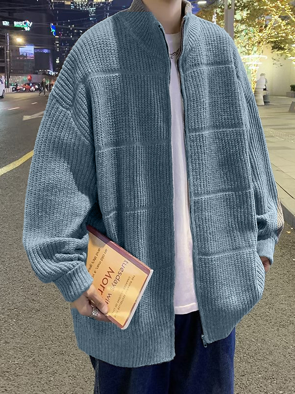 Men's Solid Color Ribbed Knit Cardigan Sweater-3