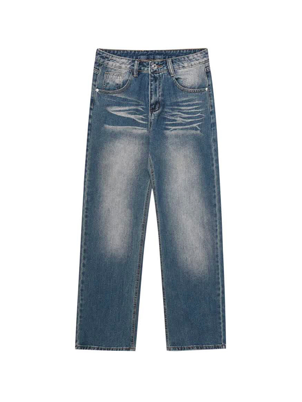 Men's Washed Mopping Loose Jeans-3