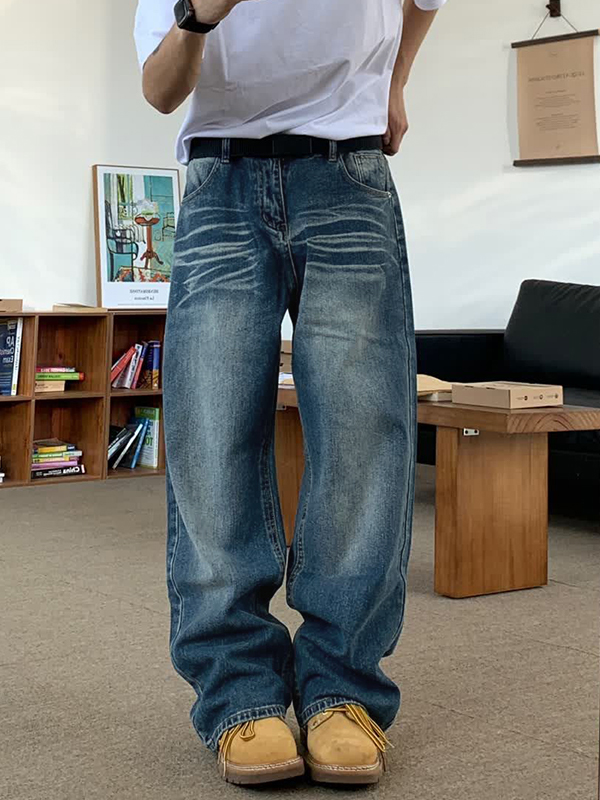Men's Washed Mopping Loose Jeans-2