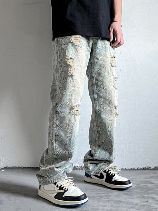 Men's Cashew Flower Print Ripped Loose Jeans-3
