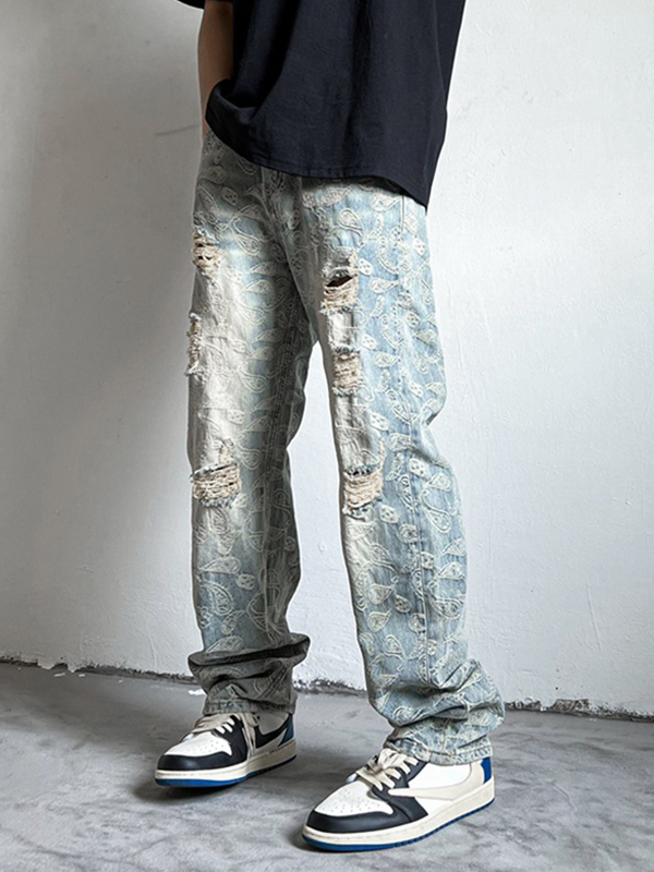 Men's Cashew Flower Print Ripped Loose Jeans-2