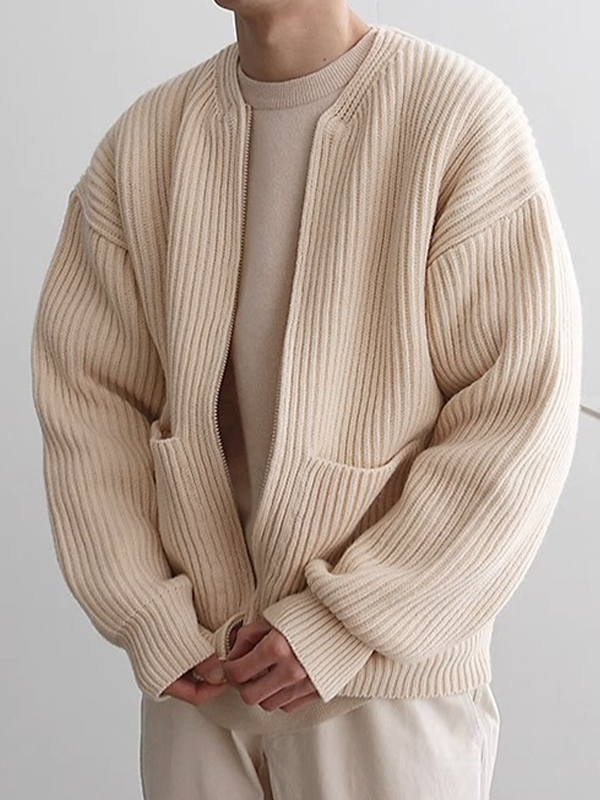 Men's Solid Color Rib Zip Up Cardigan Sweater-2