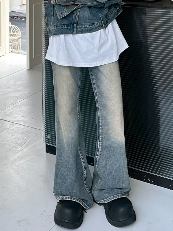 Men's Vintage Wash Flared Loose Jeans-3