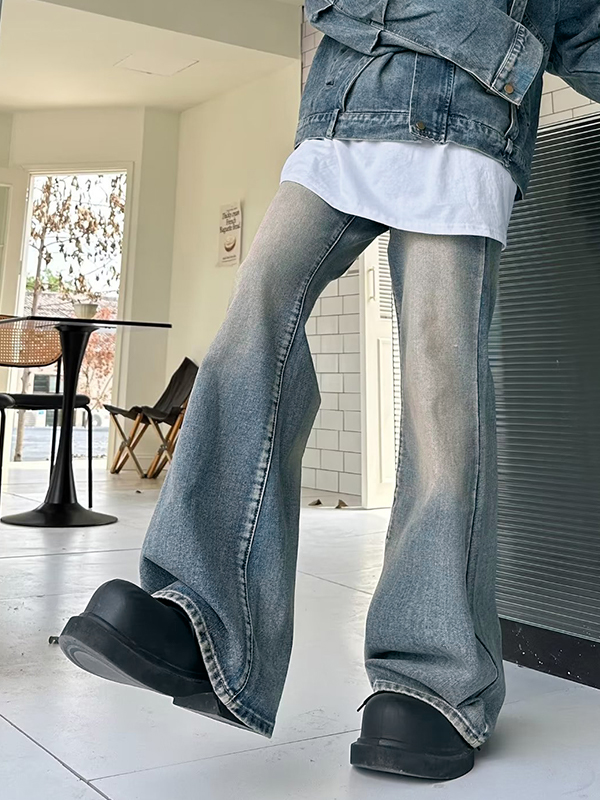 Men's Vintage Wash Flared Loose Jeans-4