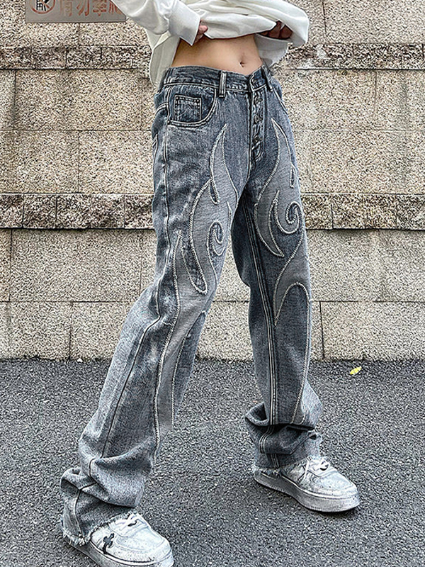 Washed Embroidery Boyfriend Jeans-2