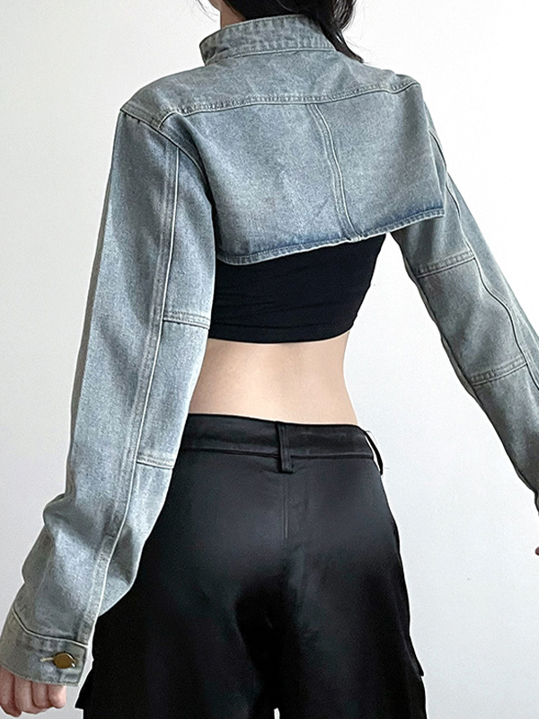 Light Washed Collar Neck Buckle Ultra Short Jacket-2