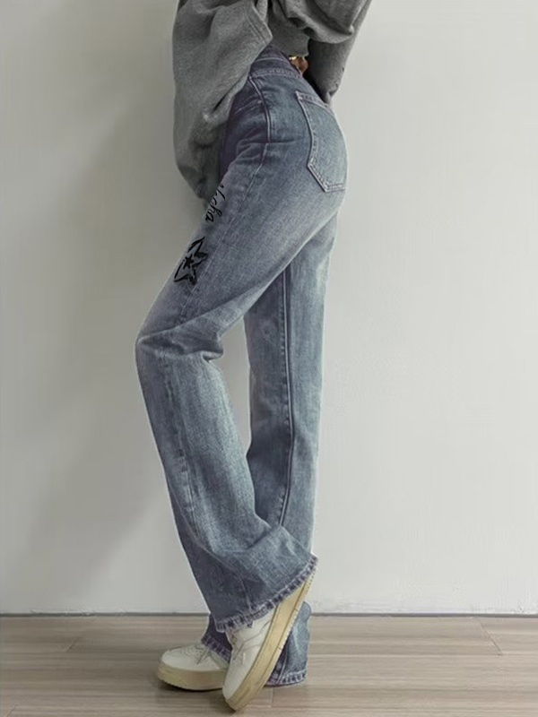 Star Letter Graffiti Print Flare Jeans-2