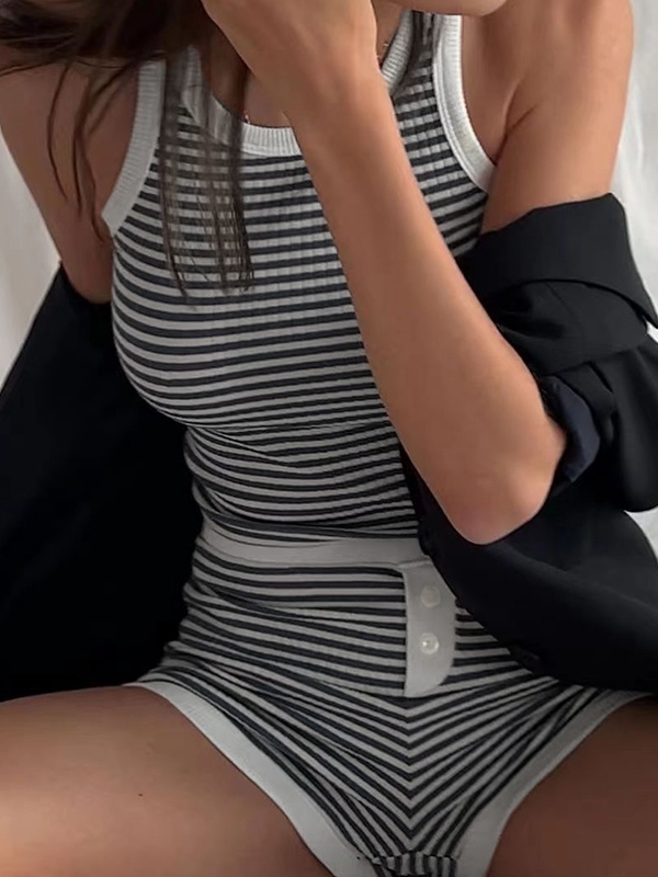 Striped Ribbed Tank Top&Shorts Set-2