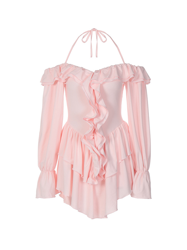 Solid Halter Ruffled Trim Mini Dress-3