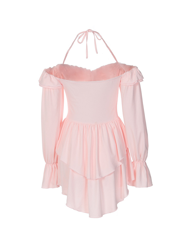 Solid Halter Ruffled Trim Mini Dress-4