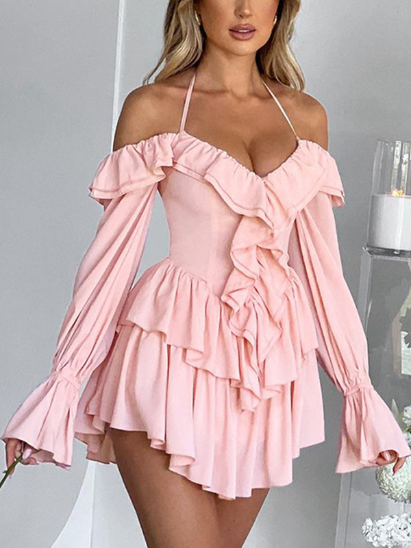 Solid Halter Ruffled Trim Mini Dress-2