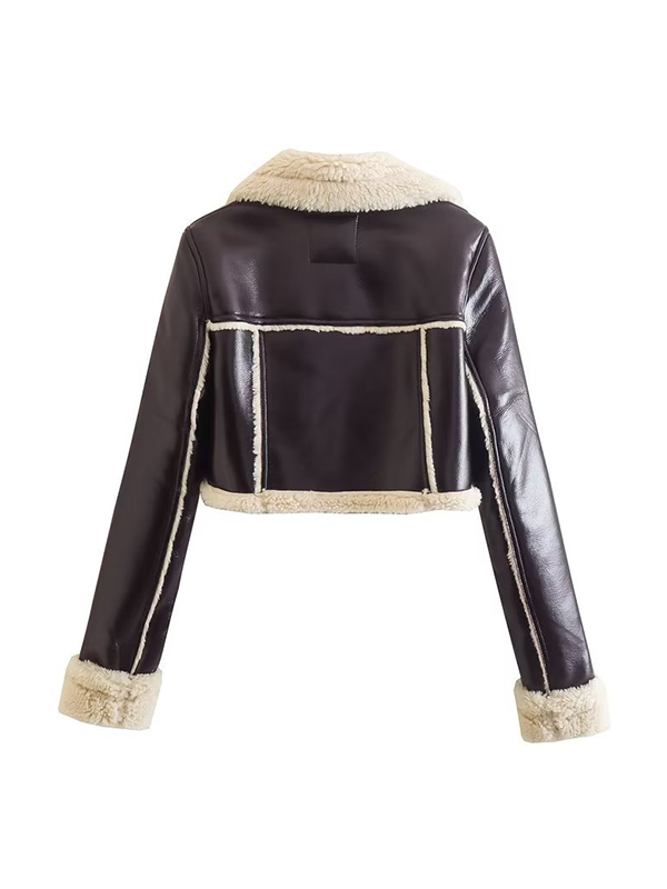 Teddy-lined Leather Lapel Neck Short Jacket-4