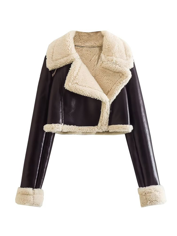 Teddy-lined Leather Lapel Neck Short Jacket-3