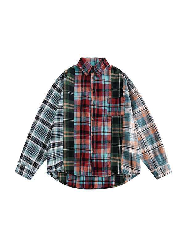 Men's Vintage Plaid Splice Long Sleeve Blouse-7