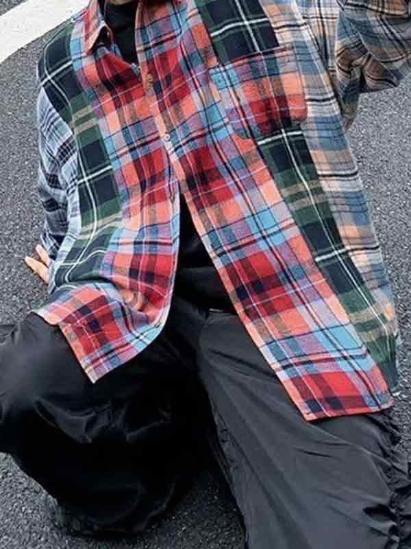 Men's Vintage Plaid Splice Long Sleeve Blouse-3