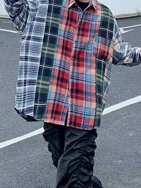 Men's Vintage Plaid Splice Long Sleeve Blouse-2