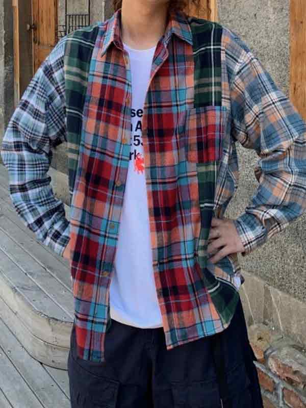Men's Vintage Plaid Splice Long Sleeve Blouse-4