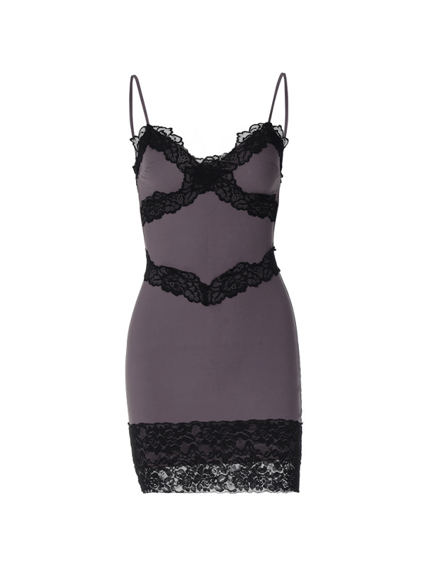 V Neck Lace Splice Cami Mini Dress-3