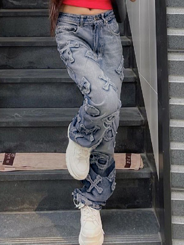 Letter Patch Faded Boyfriend Jeans-2