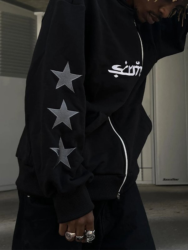 Men's Punk Star Embroidery Zip Up Hoodie-2