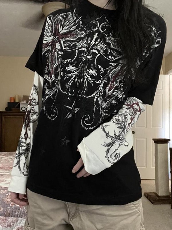 Punk Patchwork Long Sleeve Graphic Tee-2