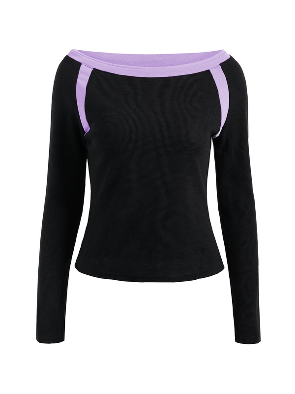 Contrast Color Off Shoulder Long Sleeve Tee-3