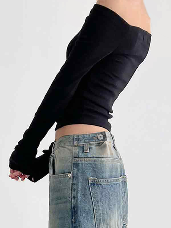 Spider Print Off Shoulder Slim Long Sleeve Tee-2