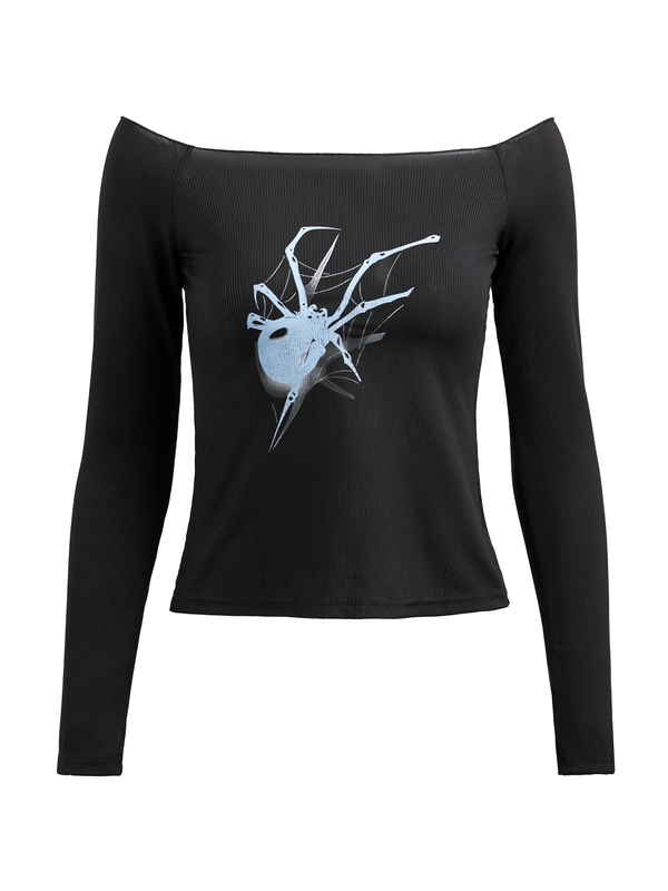 Spider Print Off Shoulder Slim Long Sleeve Tee-4
