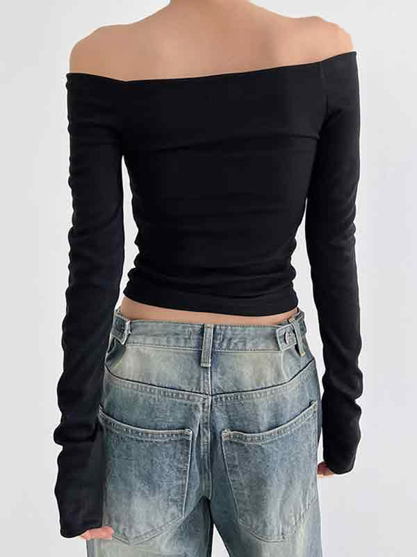 Spider Print Off Shoulder Slim Long Sleeve Tee-3