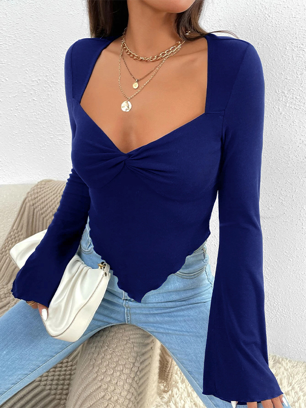 Solid V Neck Ruched Irregular Hem Knit Long Sleeve Tee-2