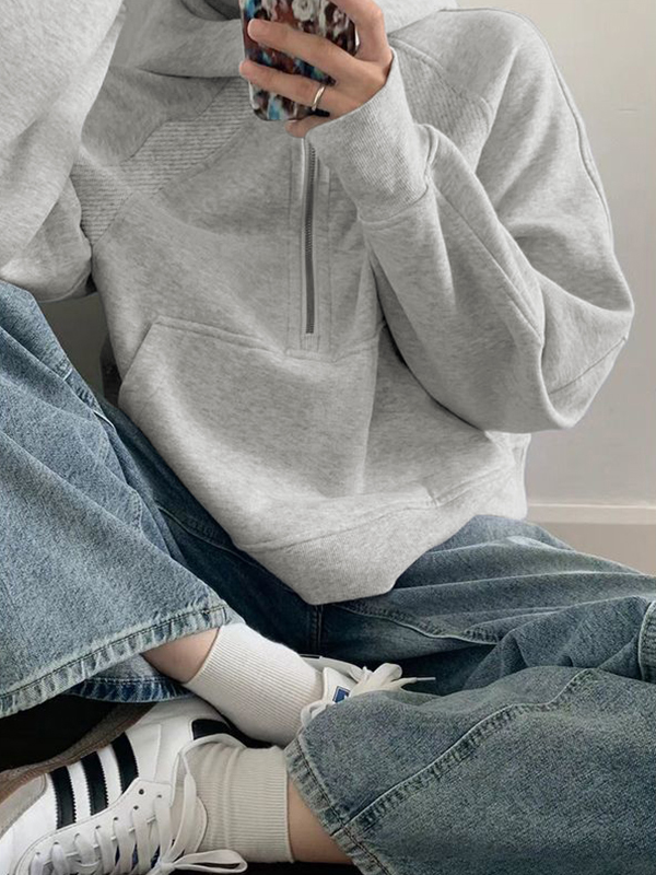 Solid Half Zip Oversized Hoodie-2