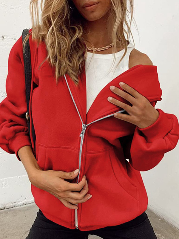 Solid Drawstring Zip Up Oversized Hoodie-2