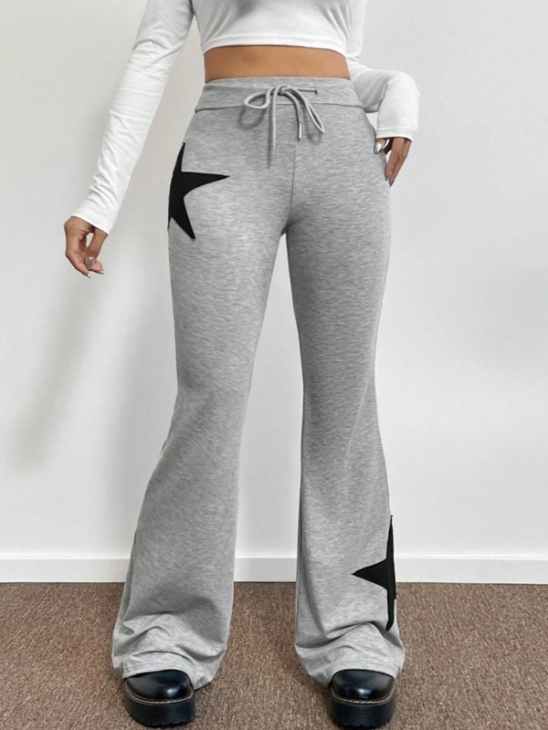 Star Print Highly Elastic High Rise Drawstring Flare Leg Pants-4