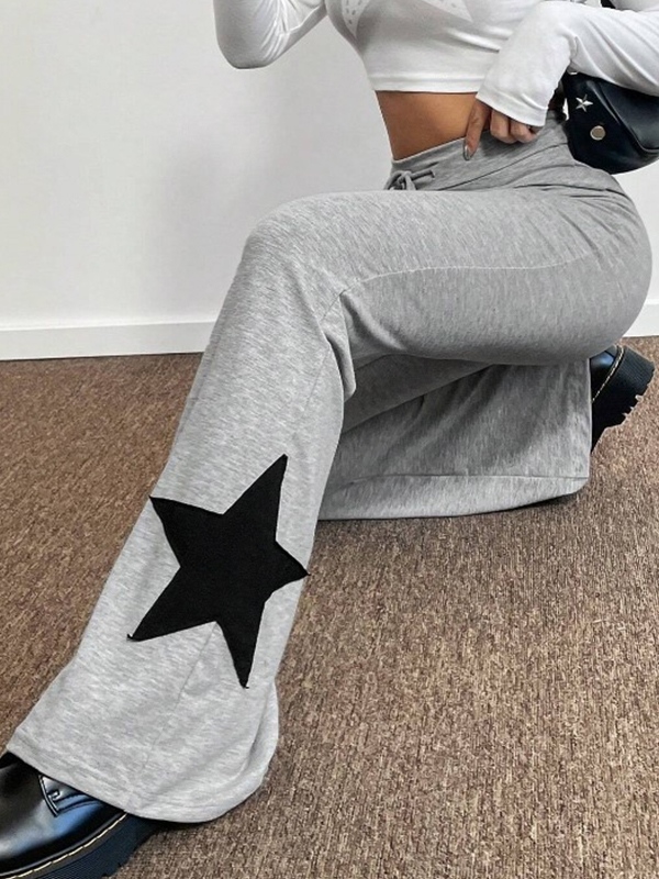 Star Print Highly Elastic High Rise Drawstring Flare Leg Pants-3