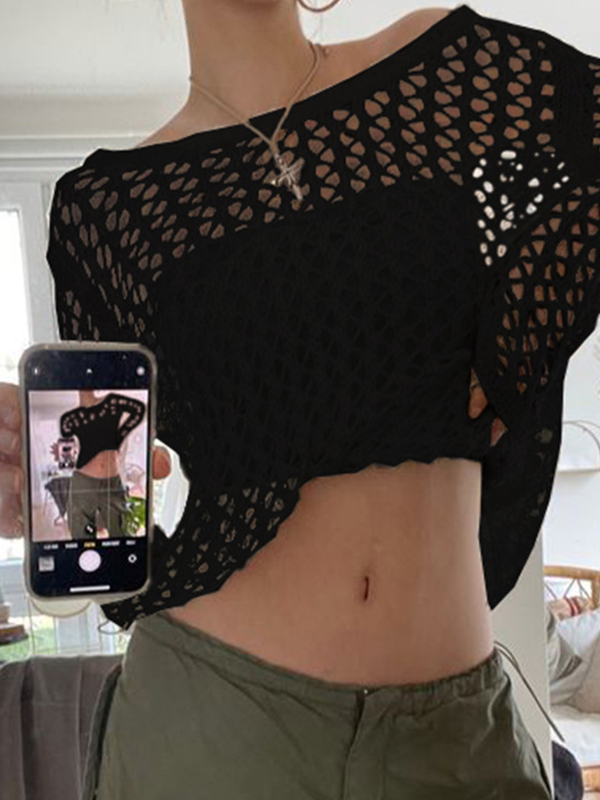 Hollow Out Crochet Long Sleeve Knit Top-3