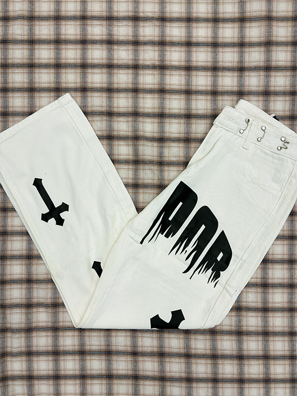 Men's White Wash Cross Pattern Straight Leg Jeans-7
