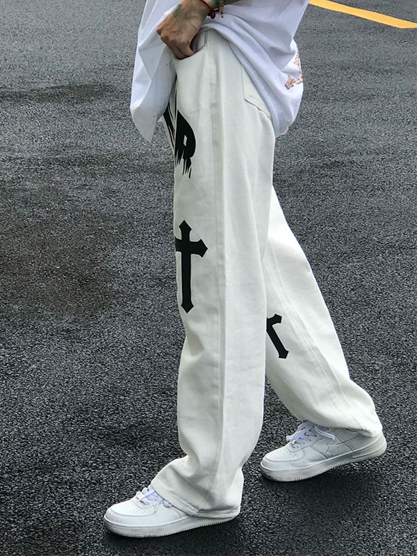 Men's White Wash Cross Pattern Straight Leg Jeans-3