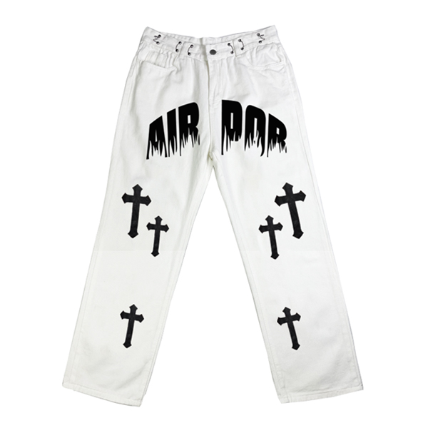 Men's White Wash Cross Pattern Straight Leg Jeans-6
