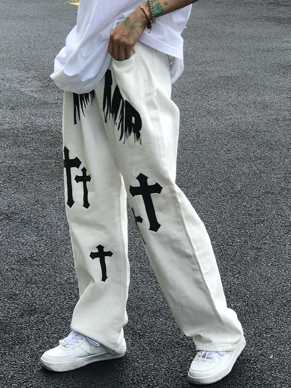 Men's White Wash Cross Pattern Straight Leg Jeans-2