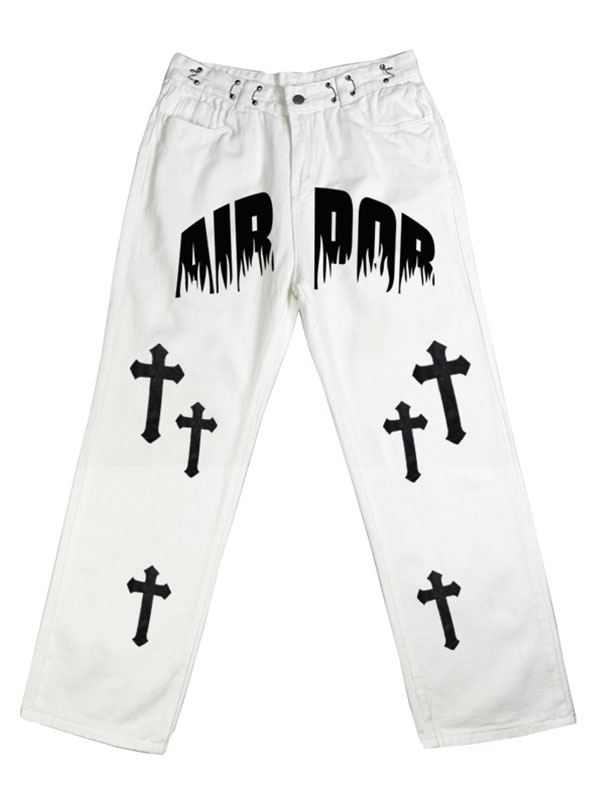 Men's White Wash Cross Pattern Straight Leg Jeans-5