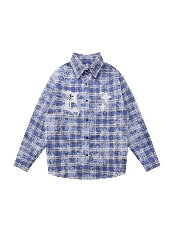 Men's Embroidered Tie Dye Checkered Long Sleeve Shirt-4