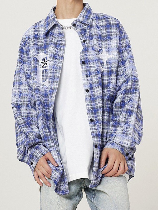 Men's Embroidered Tie Dye Checkered Long Sleeve Shirt-2