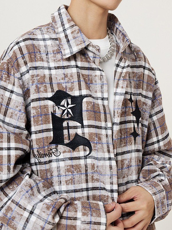 Men's Embroidered Tie Dye Checkered Long Sleeve Shirt-2
