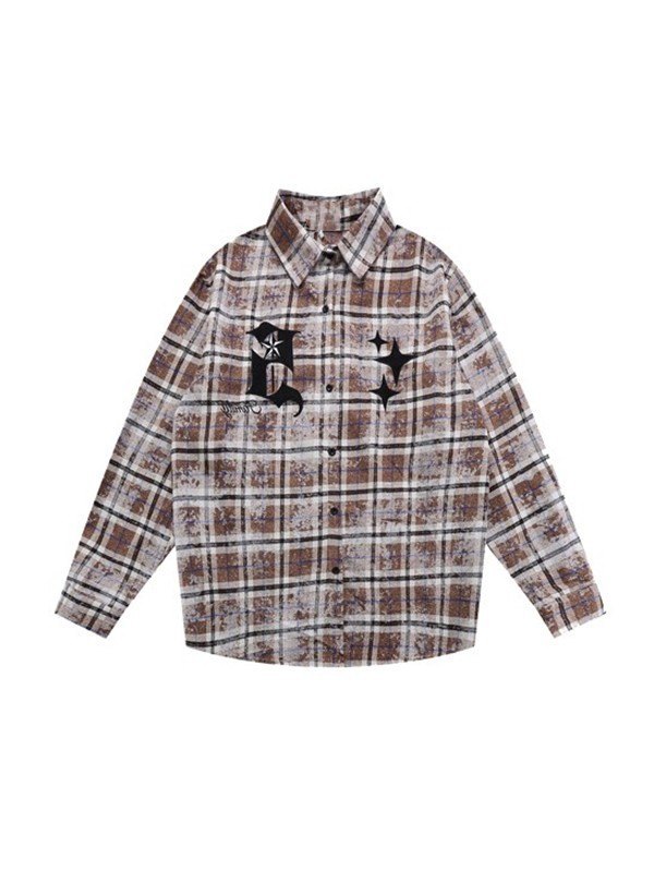 Men's Embroidered Tie Dye Checkered Long Sleeve Shirt-3