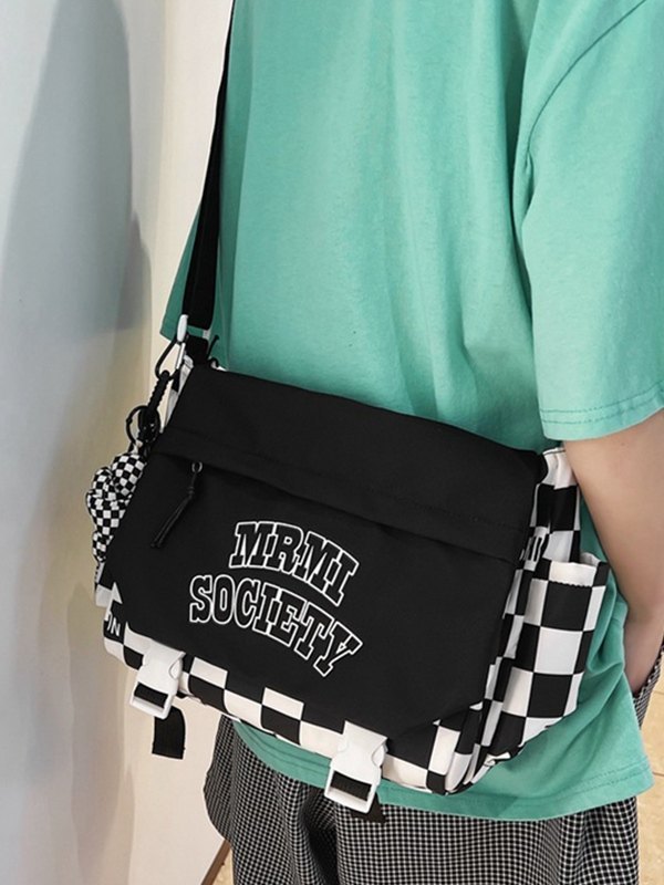 Buckle Strap Checkered Nylon Crossbody Bag-2