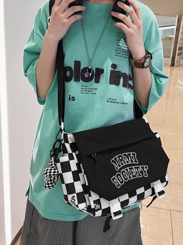 Buckle Strap Checkered Nylon Crossbody Bag-3