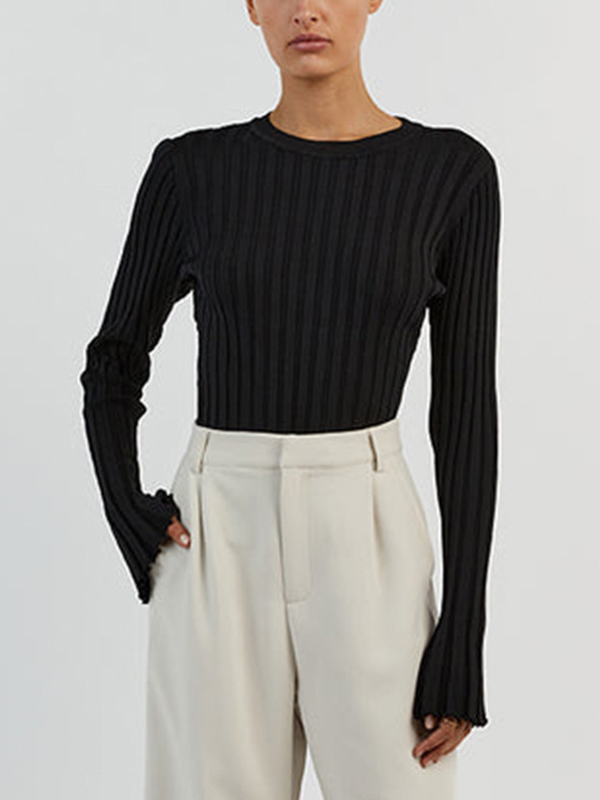 Solid Ribbed Crew Neck Long Sleeve Knit-2