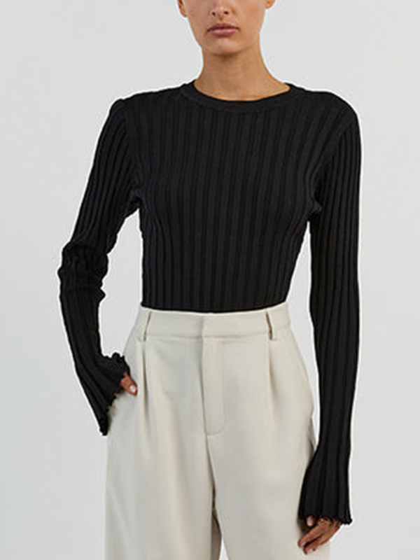 Solid Ribbed Crew Neck Long Sleeve Knit-4