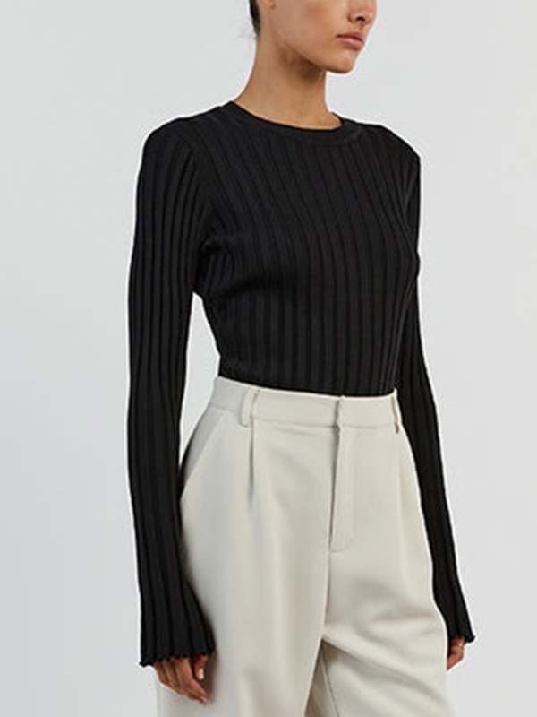 Solid Ribbed Crew Neck Long Sleeve Knit-3